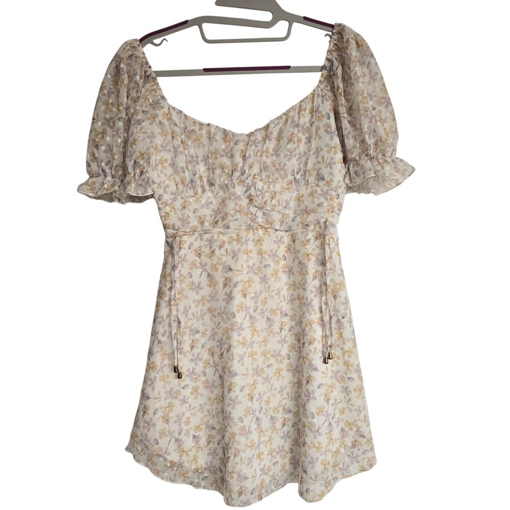Women's Simplee Swiss Dot Floral Off the Shoulder Puff Sleeve Dress | Size Small - Picture 2 of 12